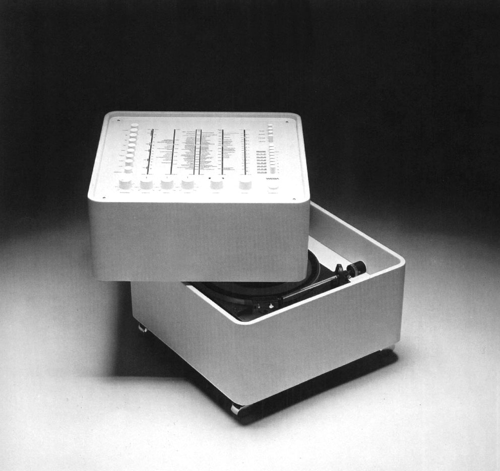 Wega 3300 Verner Panton Wega 3300 Verner Panton The Midcentury hi-fi system Wega 3300 is a remarkable example of Minimalist Industrial and product design of 20th century by Space Age designer Verner Panton. This soundsystem is a square box with rounded corners and consists of two sections. One level contains the radio and the other the record player. The record player is a…Verner Panton experimented with designing entire environments: radical and psychedelic interiors that were an ensemble of his curved furniture, wall upholstering, textiles and lighting. He is perhaps best known for a series of interior designs for Bayer's yearly product exhibition, held aboard excursion boats.