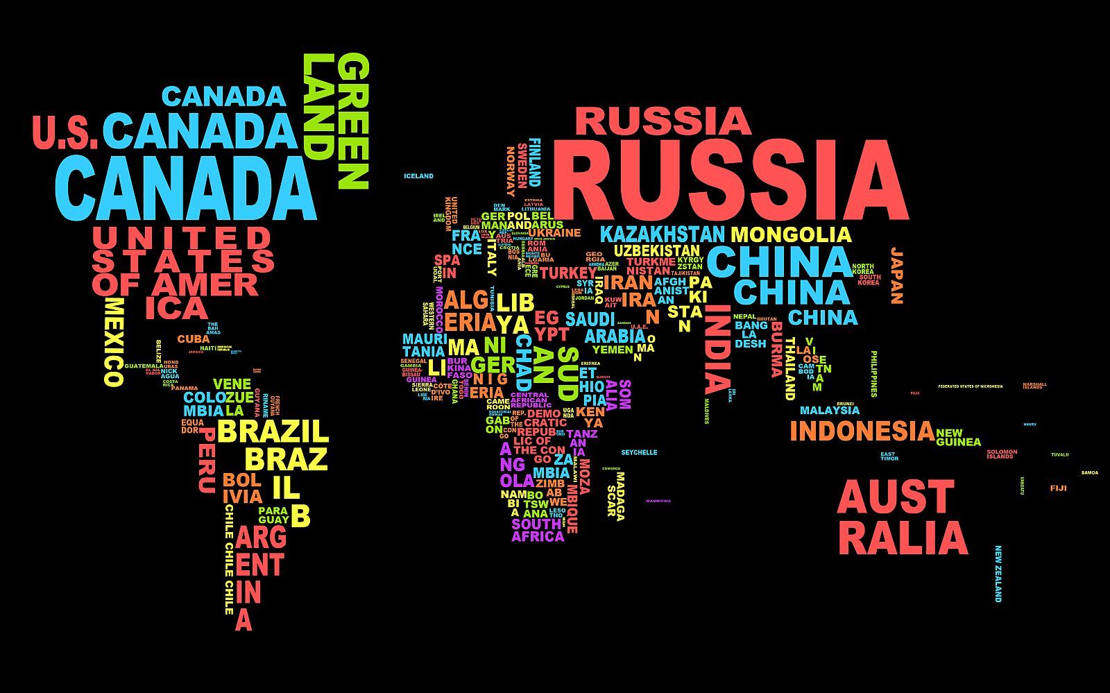 world typography map color on black
