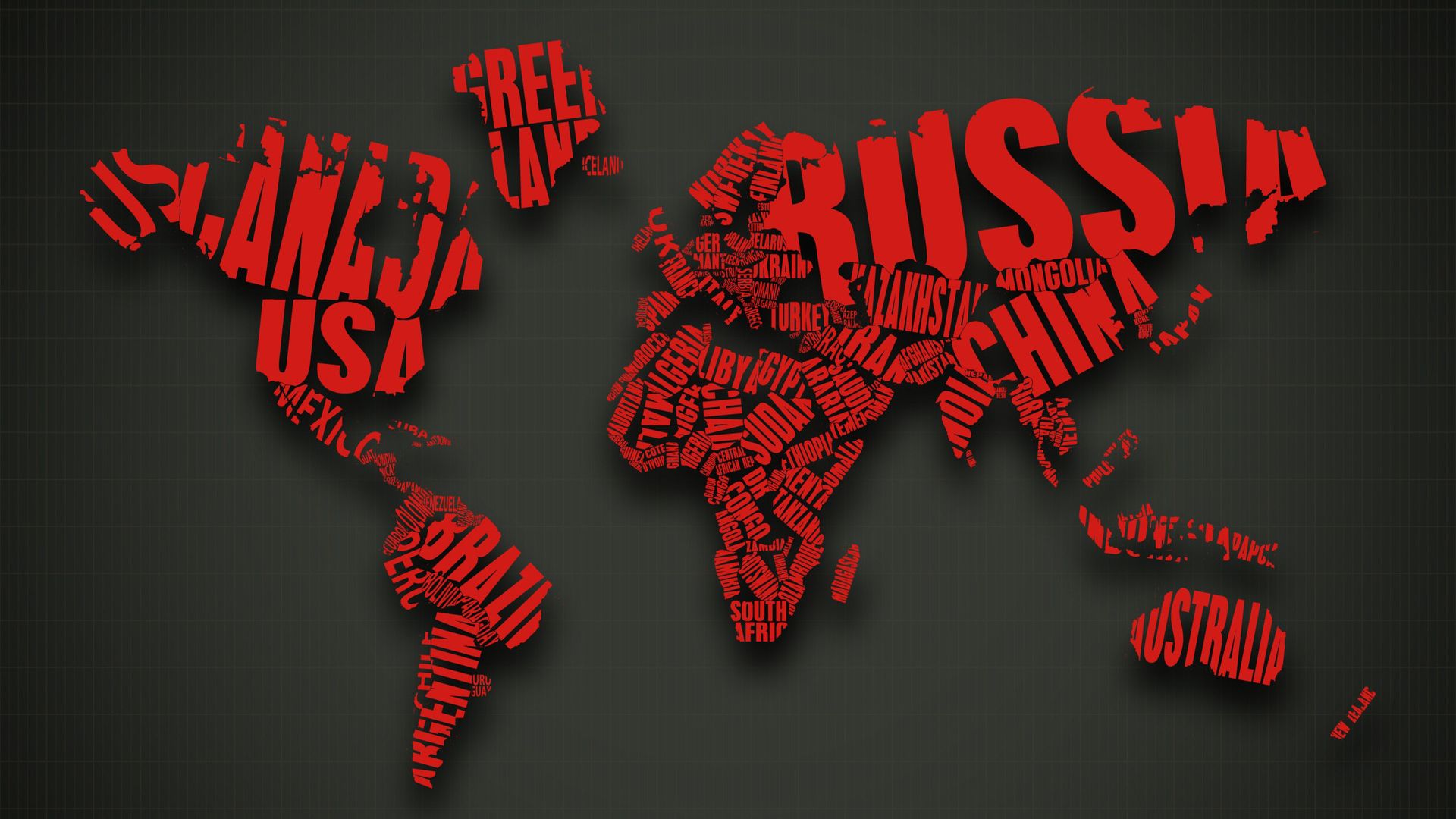world map typography red on grey