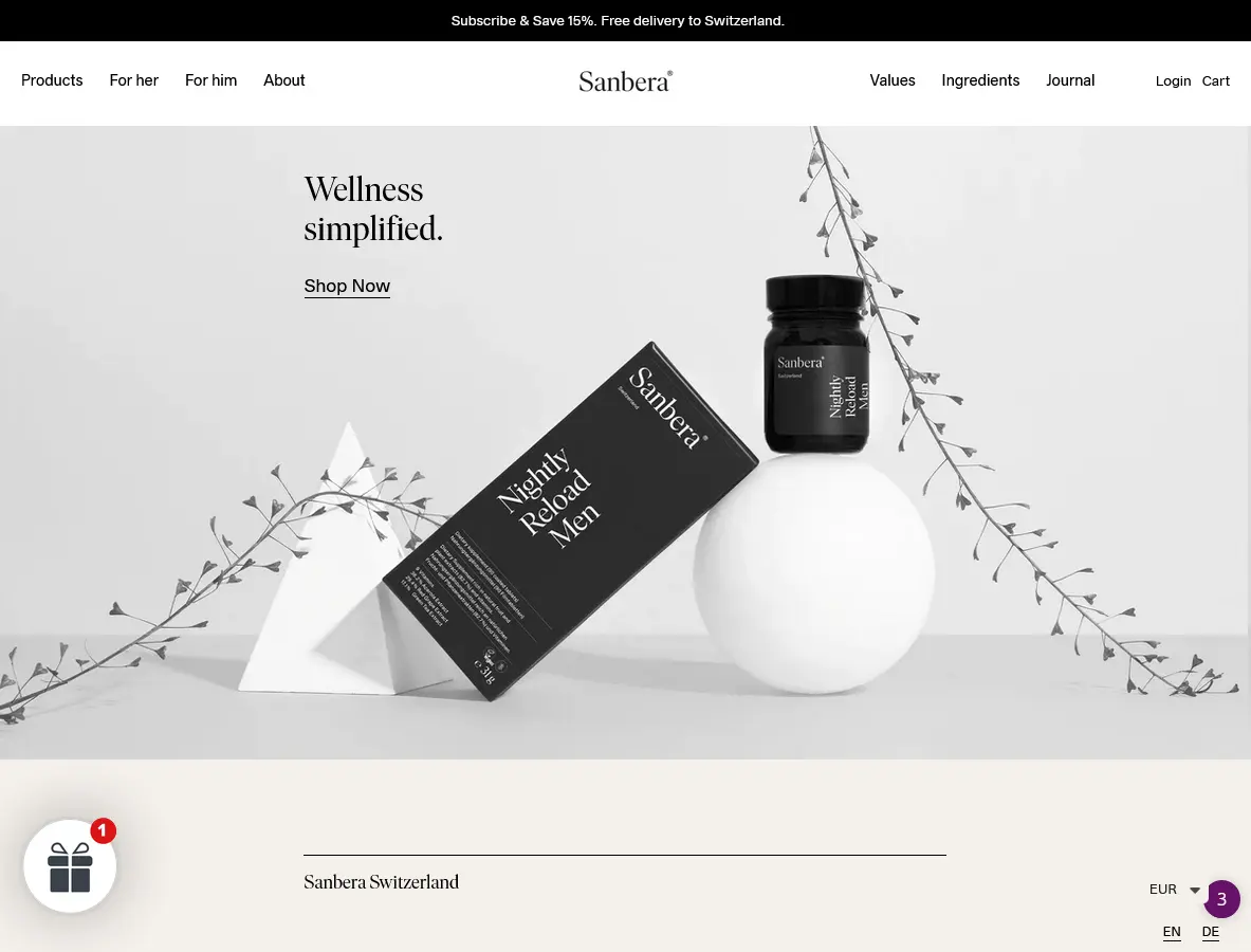 Sanbera front page ecommerce shopify design