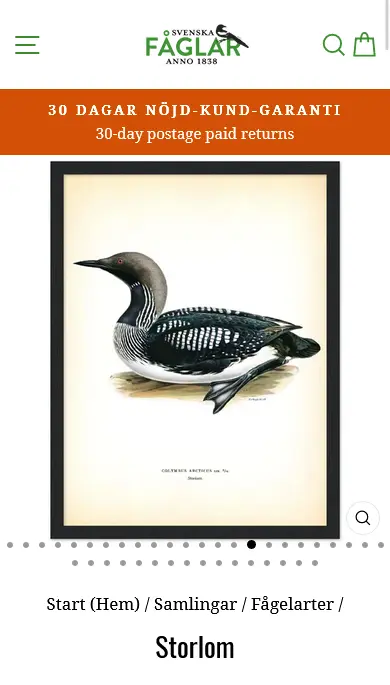 Svenska fåglar  mobile ecommerce shopify design