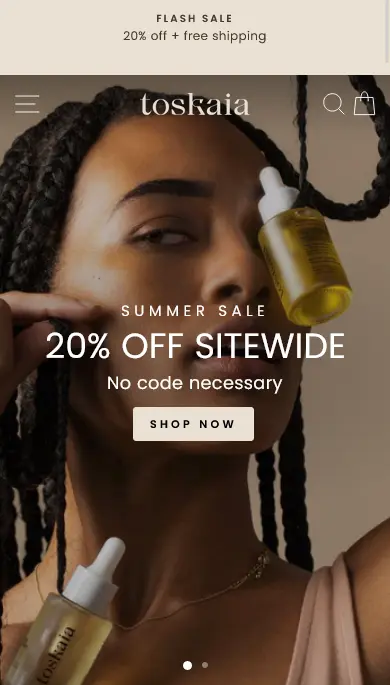 Toskaia Honest front page mobile ecommerce shopify design