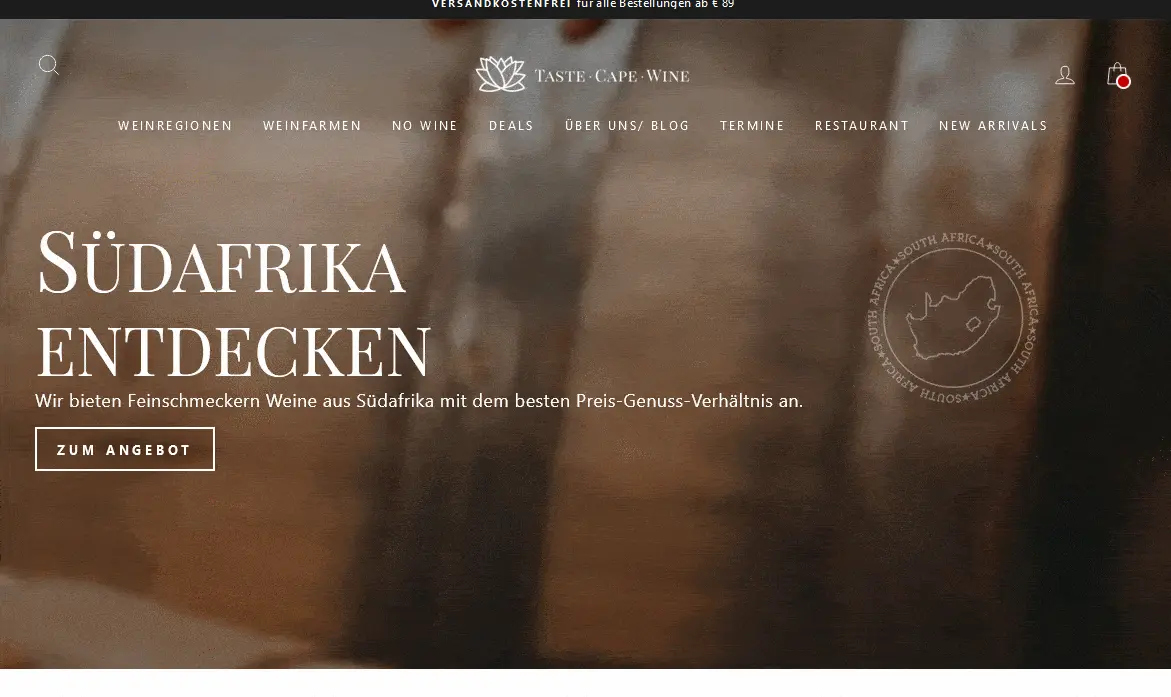 Taste Cape Wine front page ecommerce shopify design