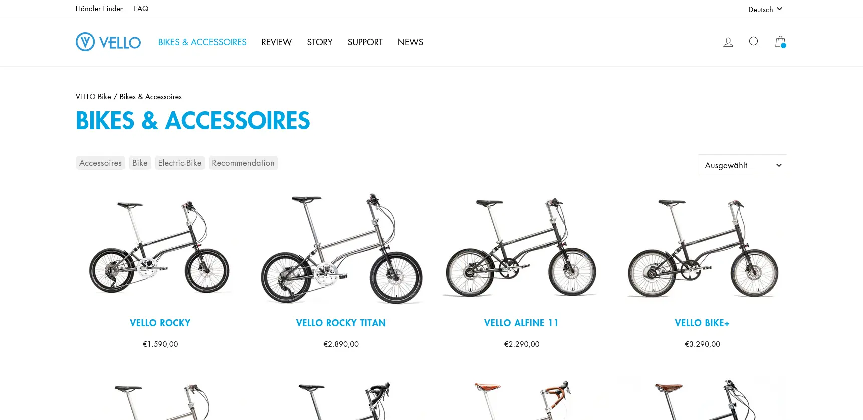 Conception de la page de commerce électronique de Vello Accessoires