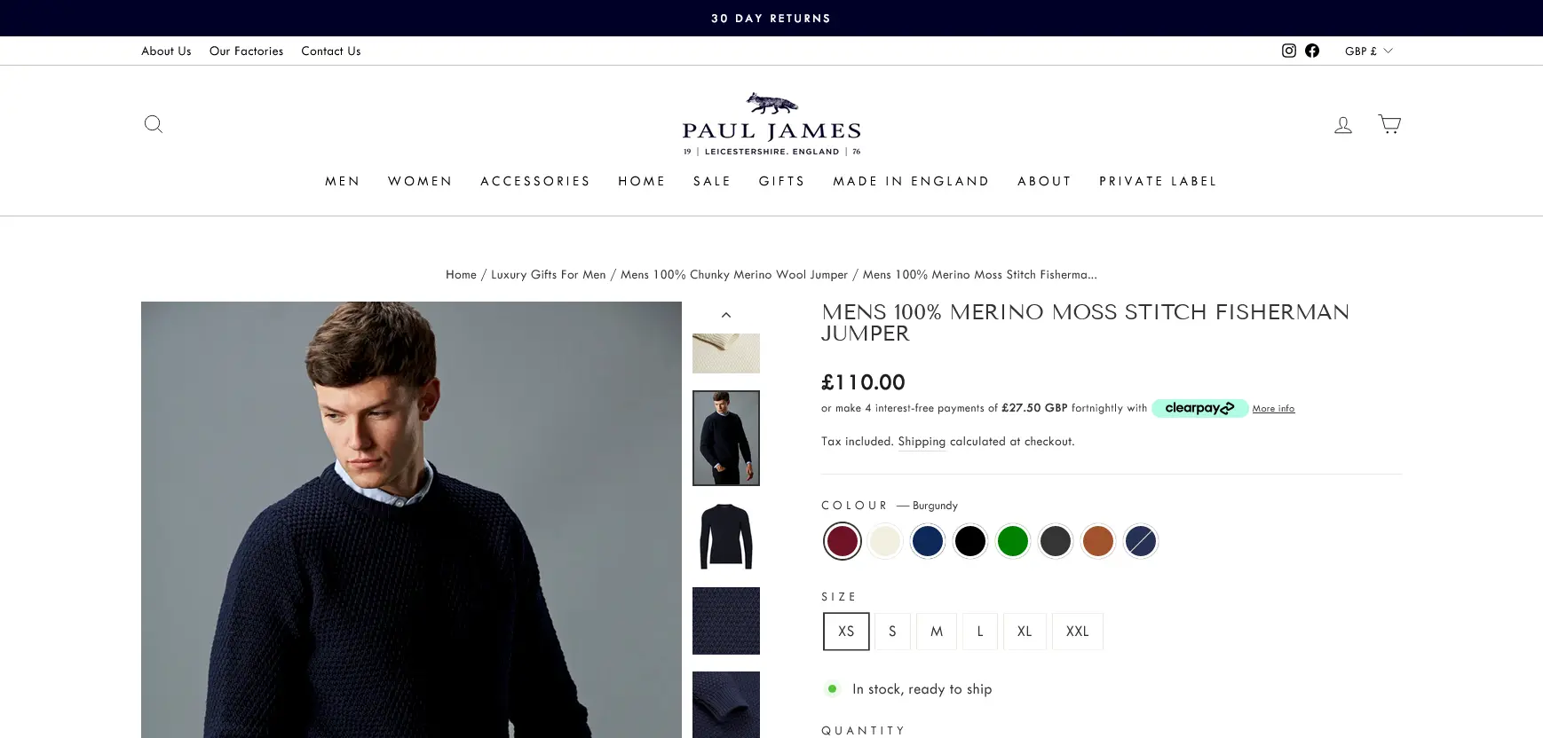 Paul James Knitwear product page ecommerce shopify PLUS design