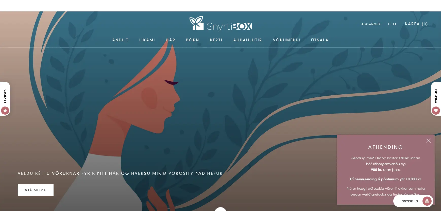 Snyrtibox front page ecommerce shopify design