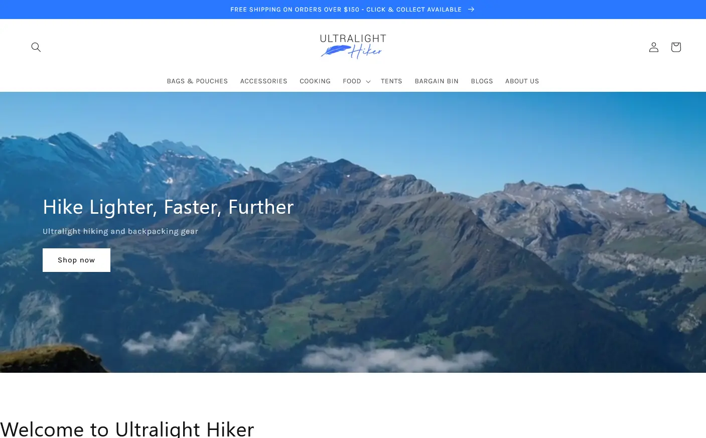 Ultralight Hiking front page ecommerce shopify design
