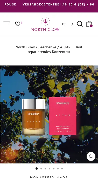 North Glow front page ecommerce shopify design