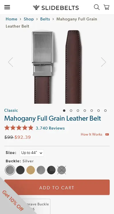 slidebelts product page ecommerce shopify design